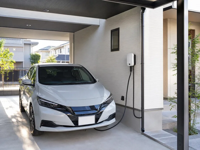 壁付けEV充電器を設置した住宅カーポート