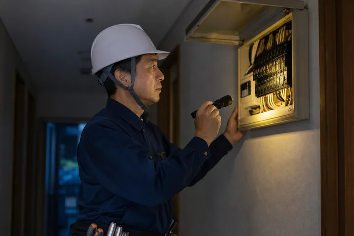 夜間に分電盤をライトで確認している電気工事士