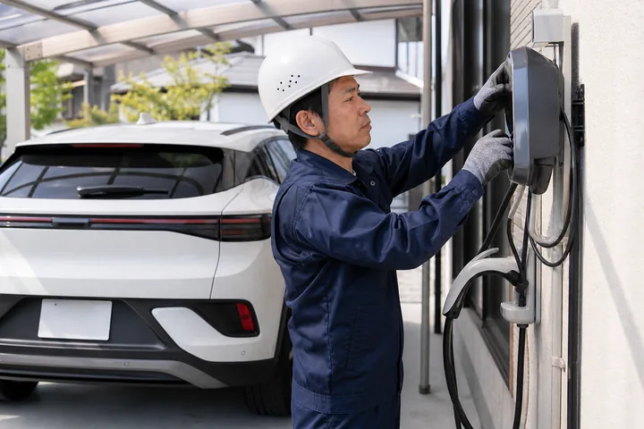 住宅カーポートでEV充電器を設置している電気工事士