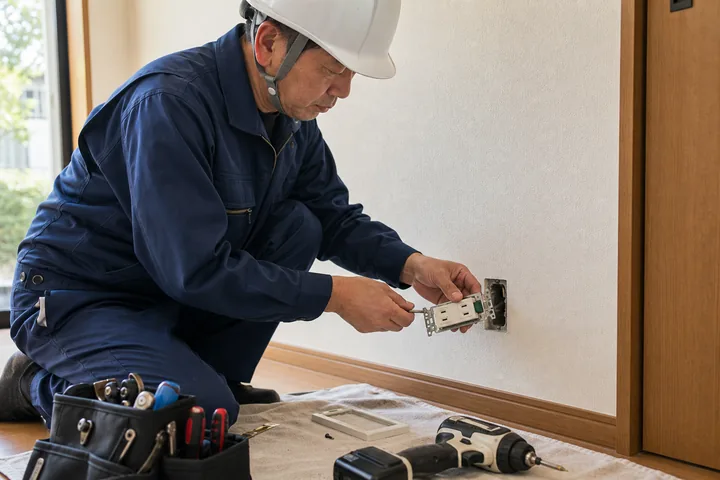 住宅の壁面でコンセント増設をしている電気工事士