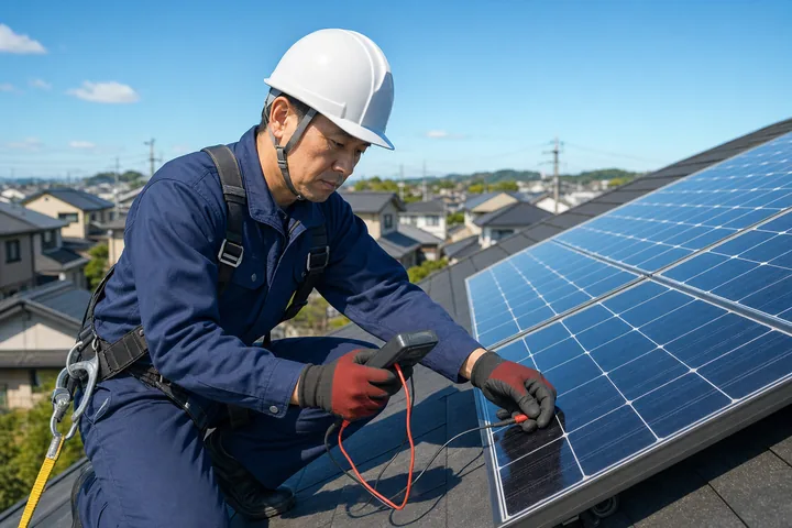 住宅屋根で太陽光パネルを点検している電気工事士